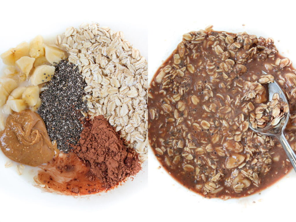 Preparation of overnight oats being mixed together in a glass bowl with spoon