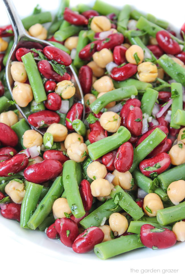 Three bean salad with vinegar dressing in a small white bowl