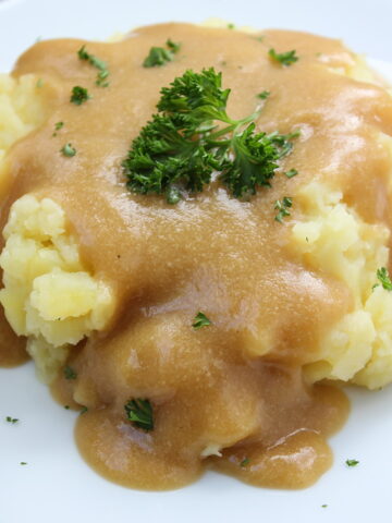 Easy oil free vegan gravy on a white plate