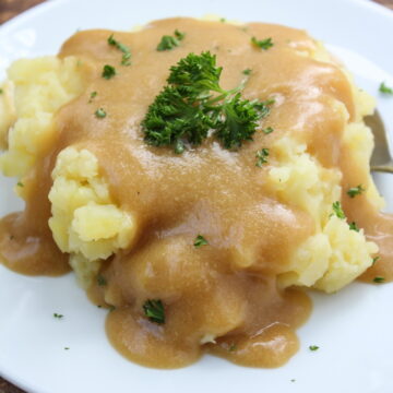 Vegan gravy on mashed potatoes