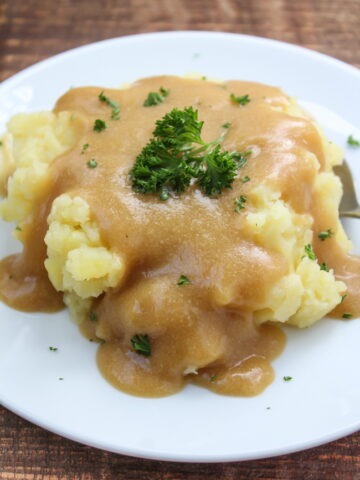 Vegan gravy on mashed potatoes