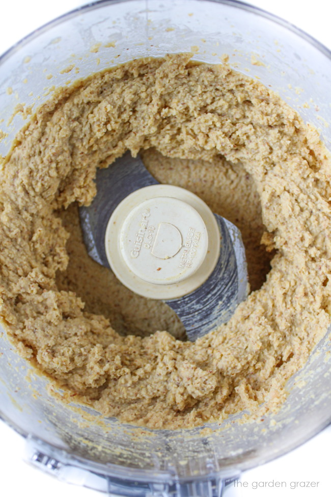 Blended dairy-free ricotta cheese in a food processor