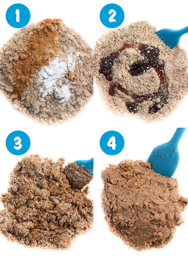 Four different steps for preparing the cookie dough in a glass bowl