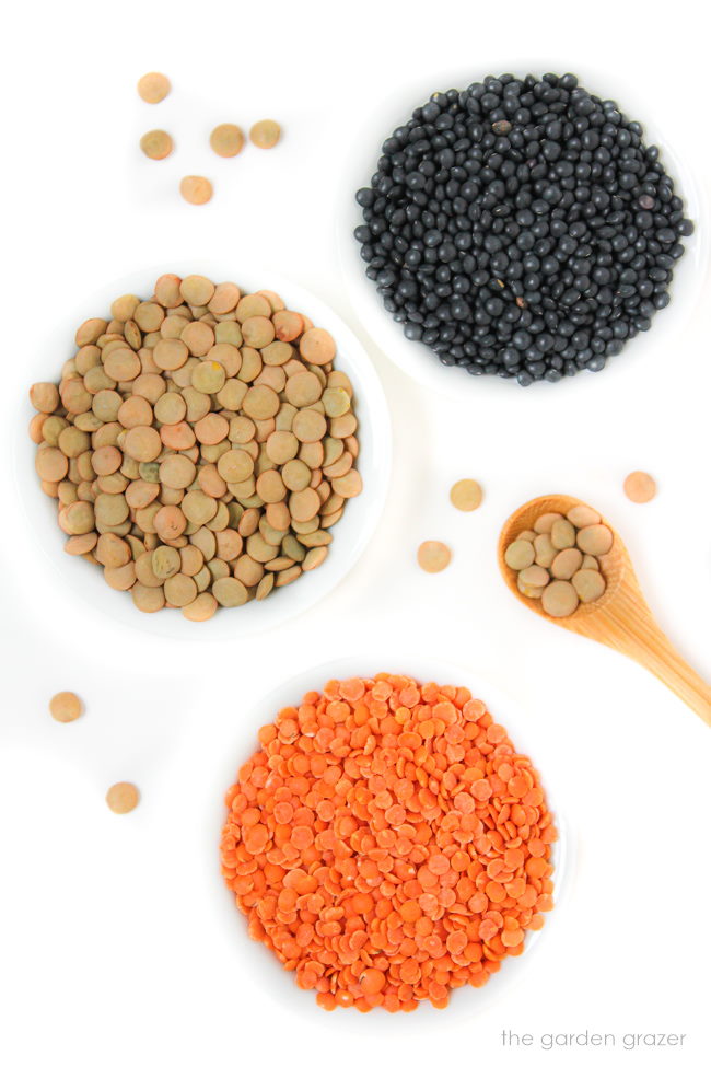 Three bowls of black lentils, brown lentils, and red lentils on a white table