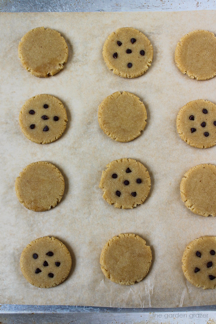 Vegan almond maple cookies laid out on a metal sheet pan before baking
