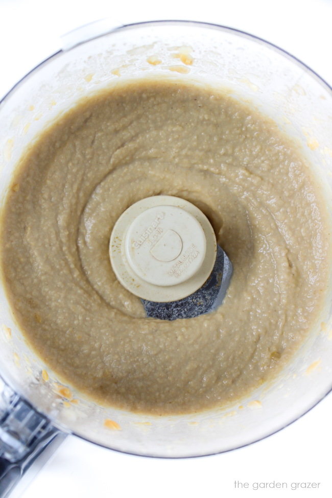 Oil-free hummus blended in a food processor