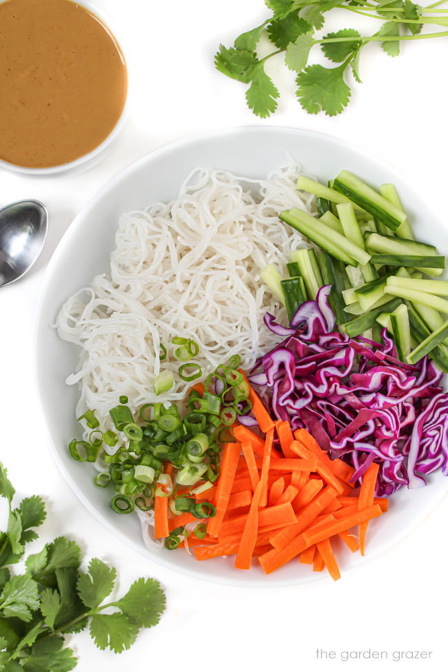 Vegan spring roll in a bowl with peanut sauce on the side