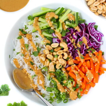 Vegan spring roll in a bowl with rice noodles and peanut sauce