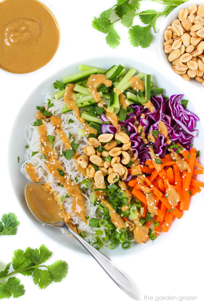 Vegan spring roll in a bowl with rice noodles and peanut sauce