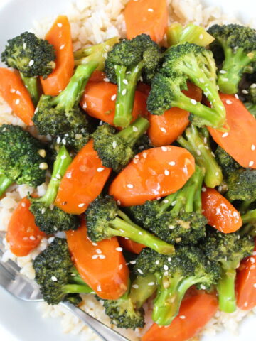 Teriyaki broccoli and carrots in a bowl
