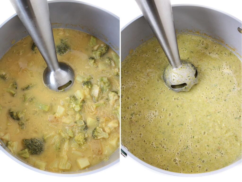 Blending soup in a stockpot with an immersion blender