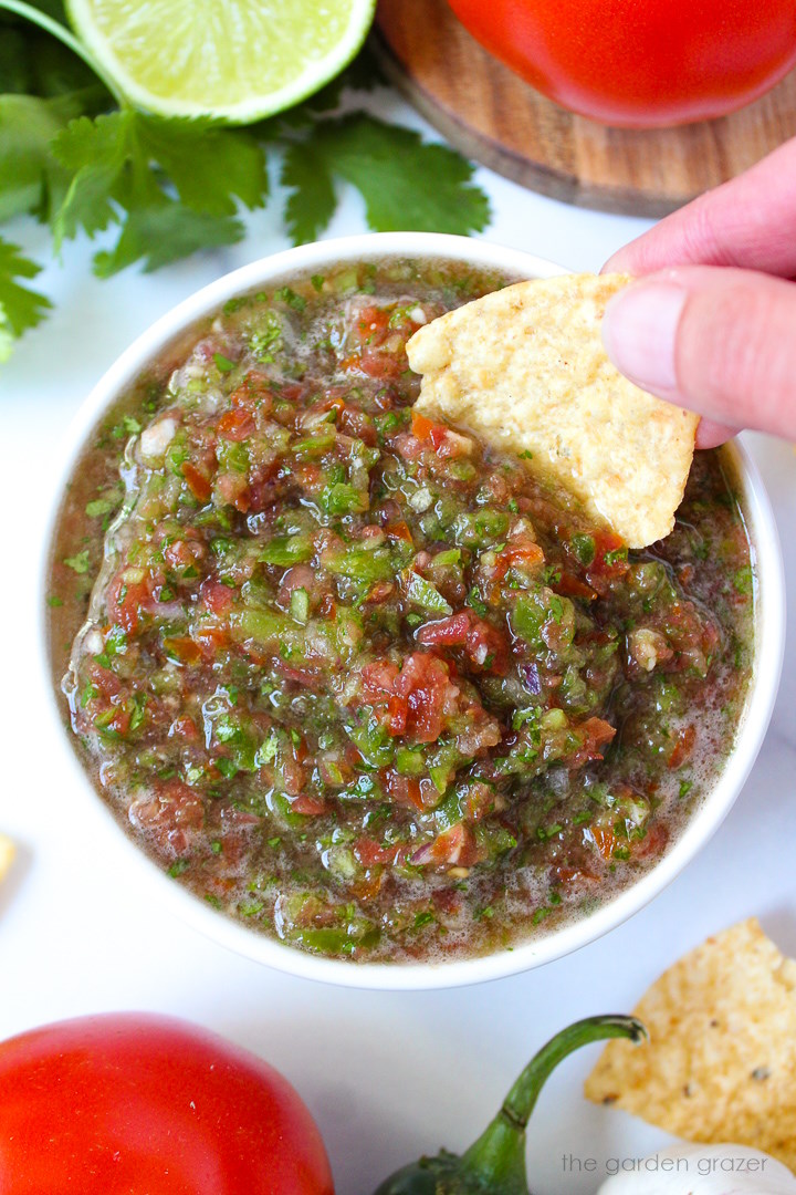 A tortilla chip dipping into a bowl of fresh garden salsa