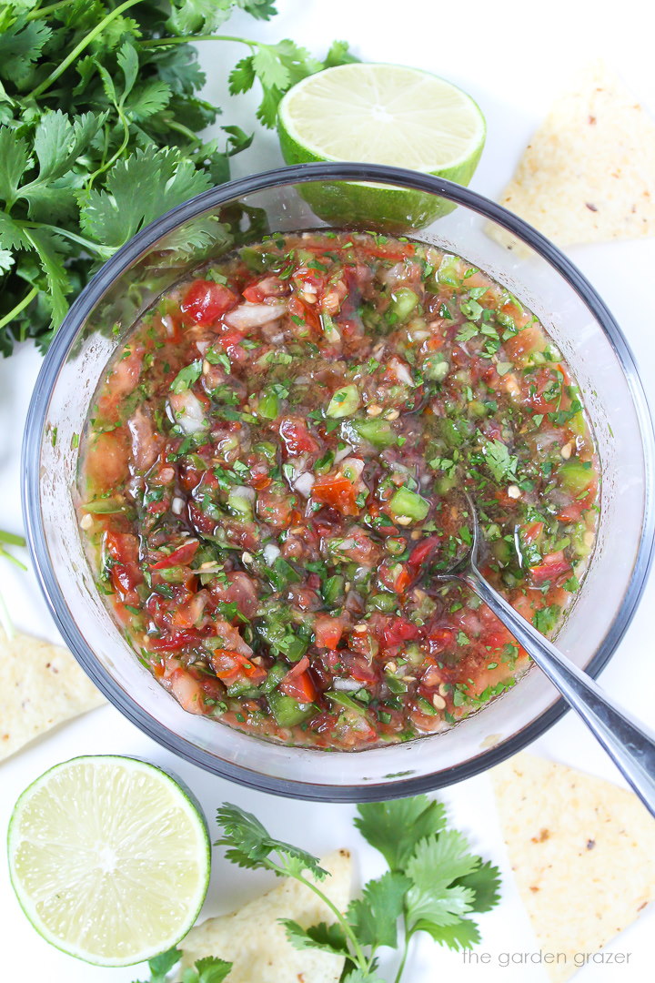 Fresh garden salsa in a glass bowl with spoon