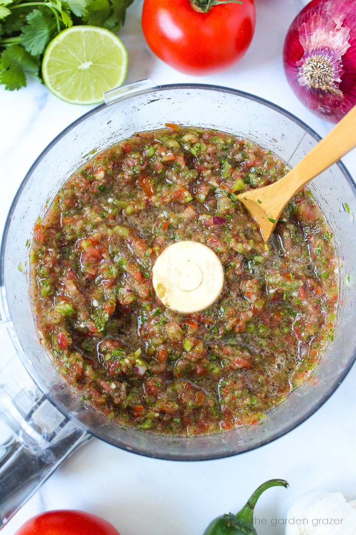 Blended fresh garden salsa in a food processor