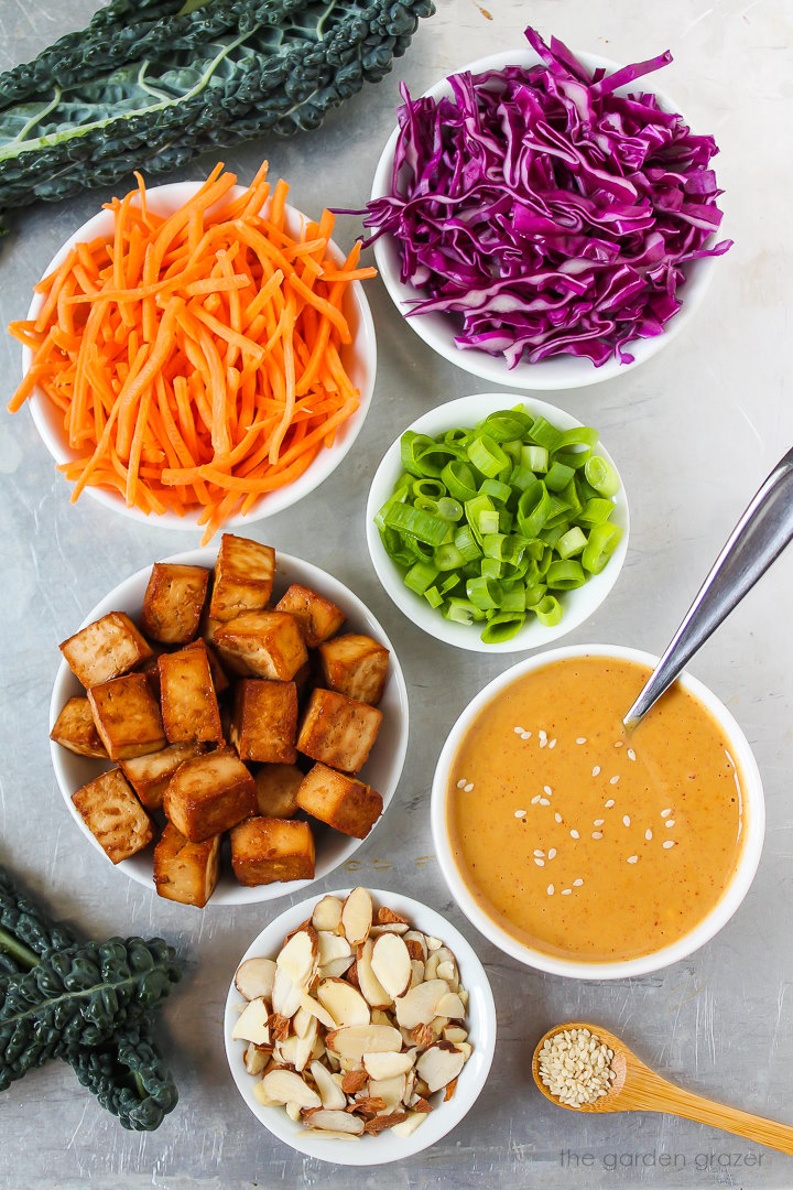 Red cabbage, shredded carrots, baked tofu, green onions, almonds, and dressing ingredients laid out on a metal tray