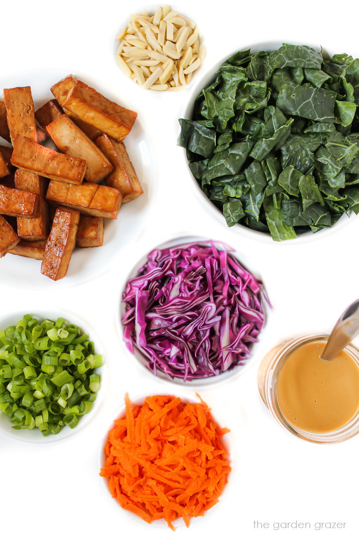 Chopped kale, carrots, baked tofu, green onion, and purple cabbage ingredients laid out on a white table