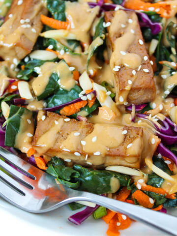 Close up view of Asian-style Kale Salad with baked tofu and peanut dressing on top
