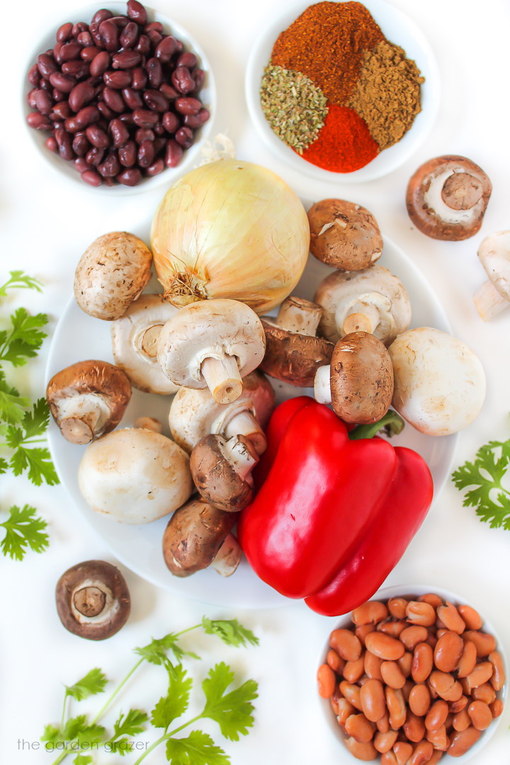 Fresh ingredients like bell pepper, mushroom onion, beans, and spices laid out on a white table