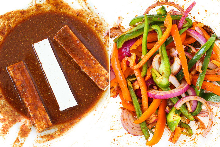 Preparation steps for tofu fajitas including dipping tofu slices in sauce