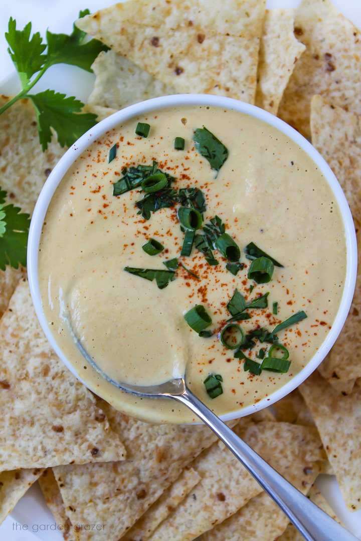 Vegan cashew queso in a white bowl with tortilla chips on side
