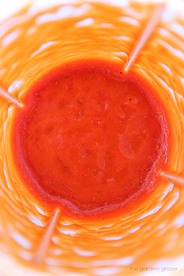 Overhead view of blended dressing in the blender