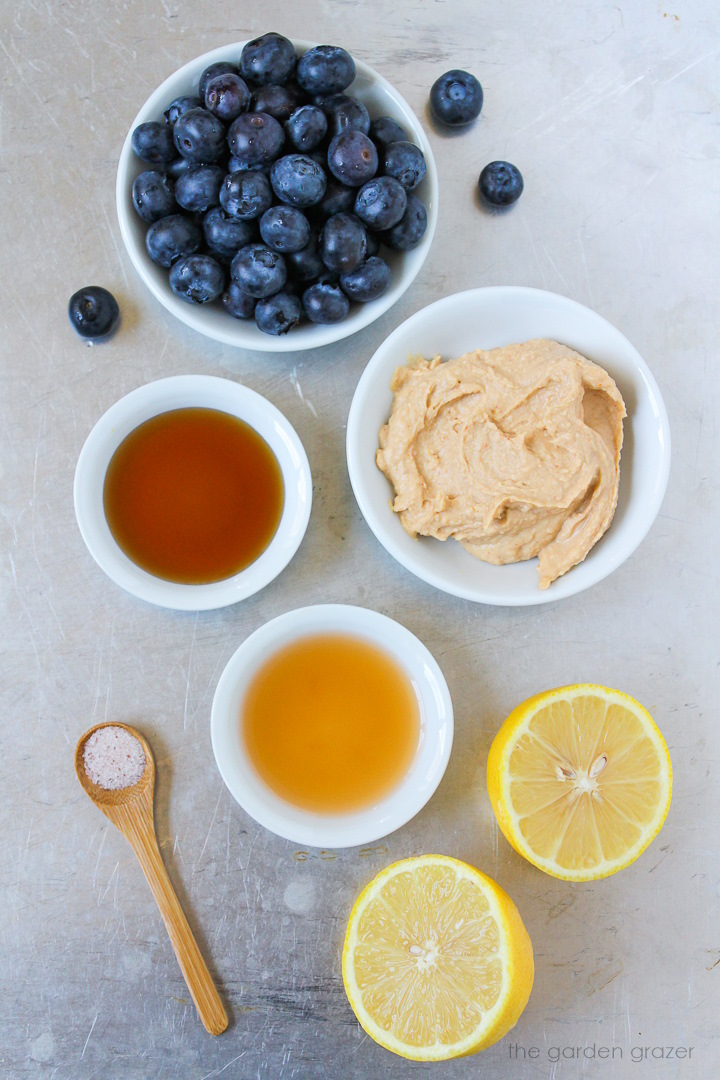 Fresh berries, hummus, vinegar, lemon, maple syrup, and salt ingredients laid out on a metal tray