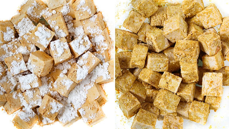 Steps showing preparation of tofu in a glass bowl