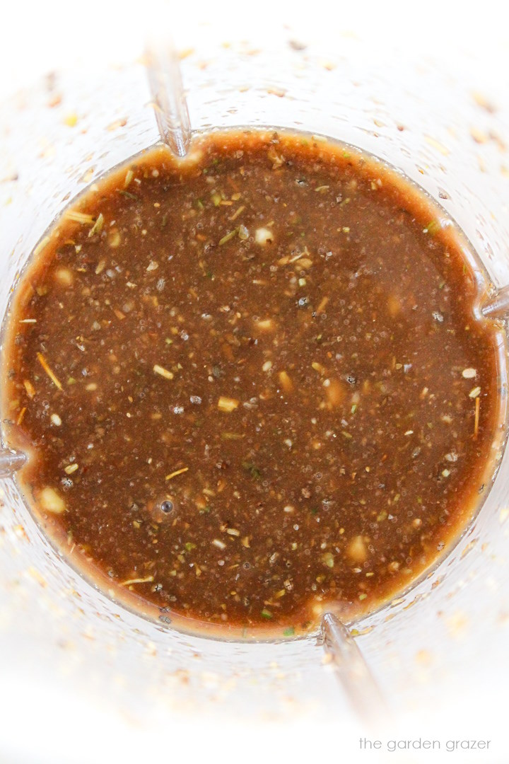 Overhead view of blended maple balsamic dressing