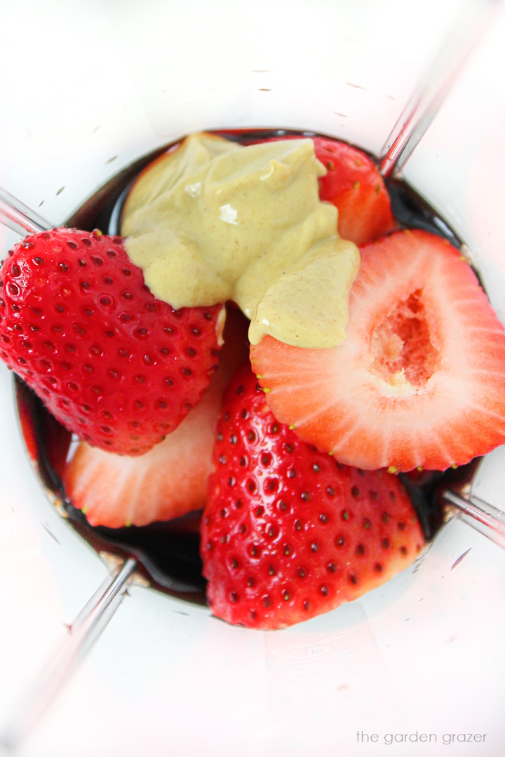Overhead view of strawberries, balsamic vinegar, and mustard in a blender before blending