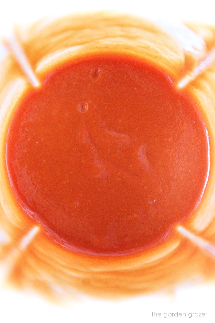 Overhead view of blended dressing in a small blender