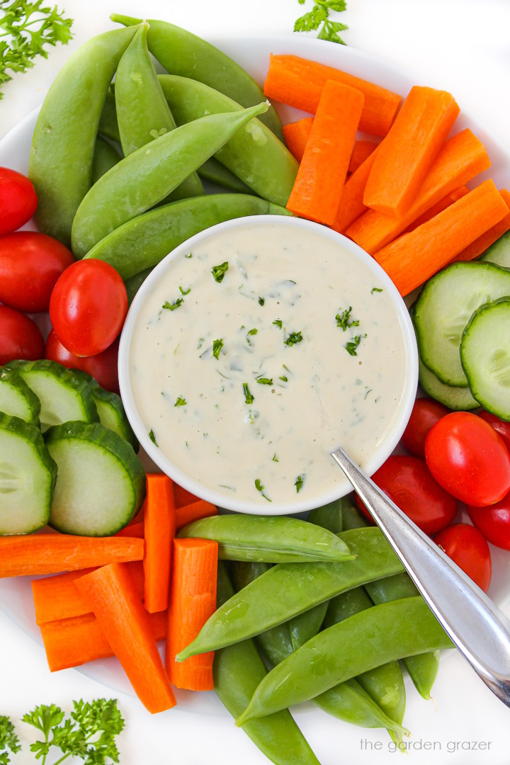 Vegan ranch dressing in a white bowl with veggies surrounding it
