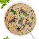 Overhead view of vegan mushroom soup in a white bowl with spoon