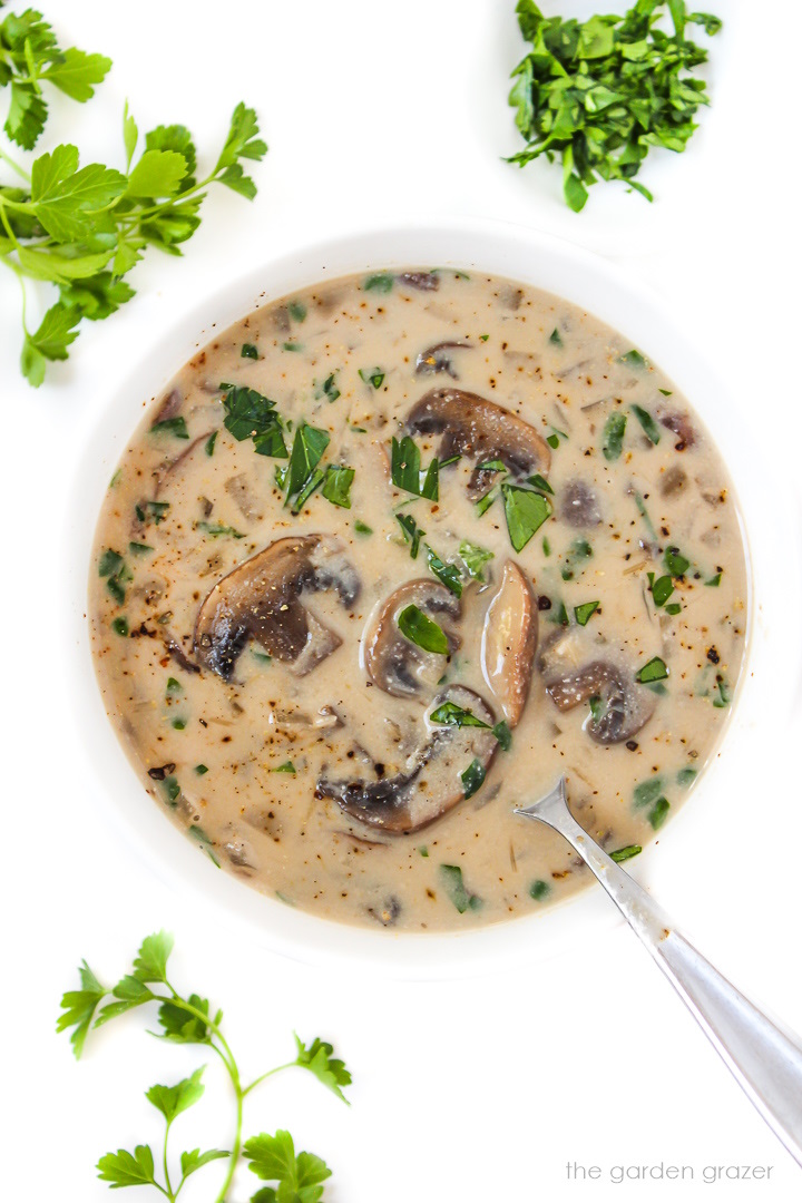 Overhead view of vegan mushroom soup in a white bowl with spoon