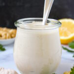 Blended vegan cashew mayo in a glass jar