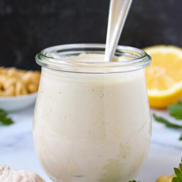 Blended vegan cashew mayo in a glass jar