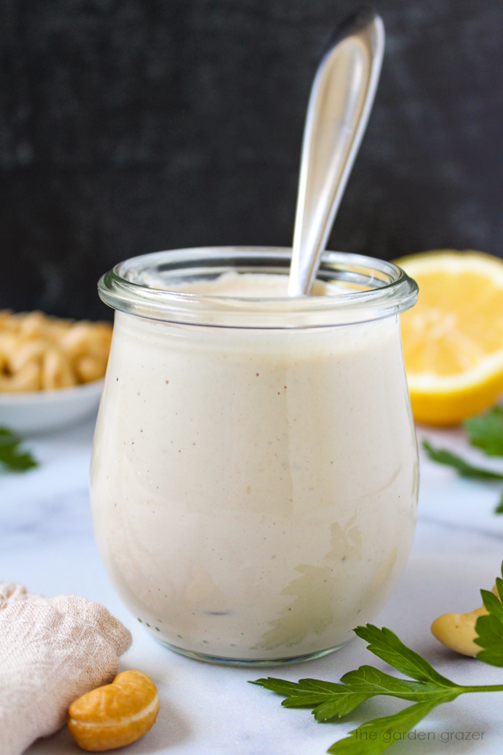 Blended vegan cashew mayo in a glass jar