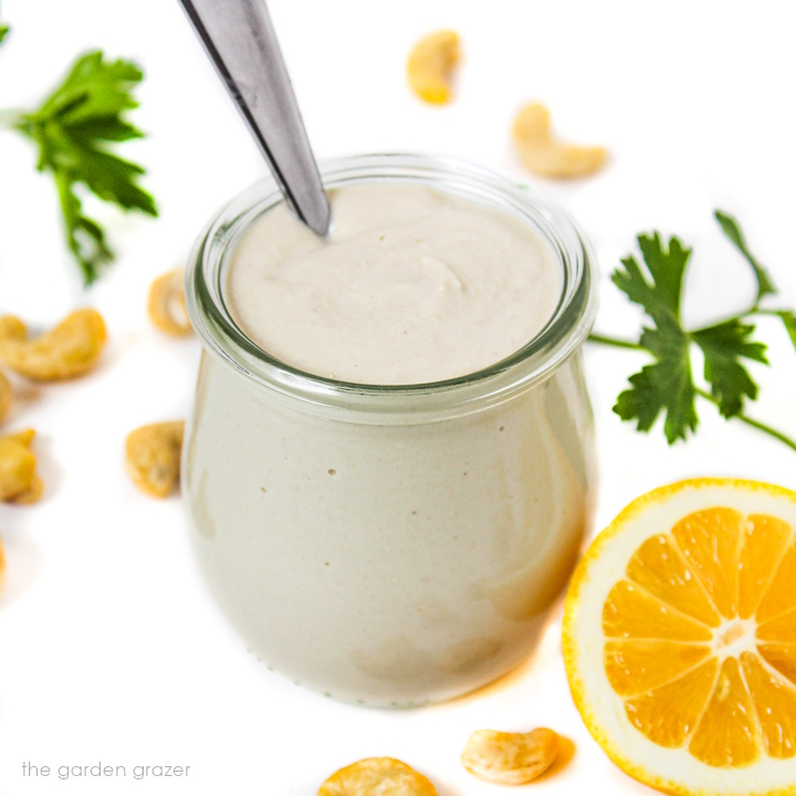 Small glass jar filled with vegan cashew mayo