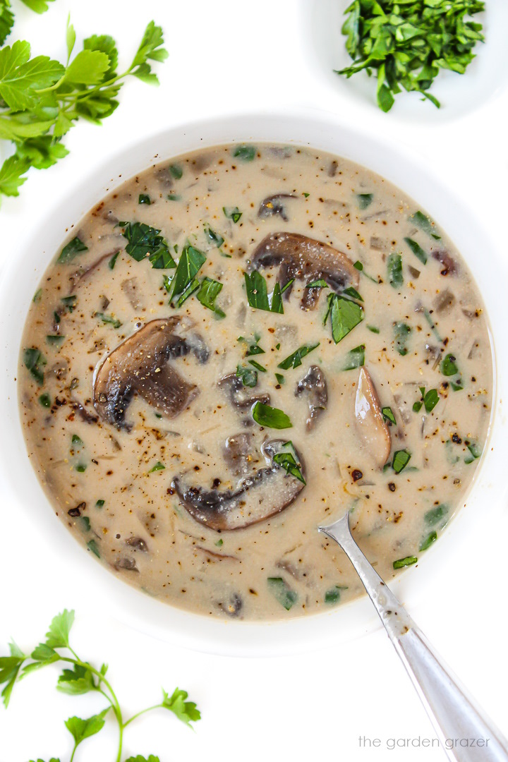 Vegan cream of mushroom soup in a white bowl garnished with parsley