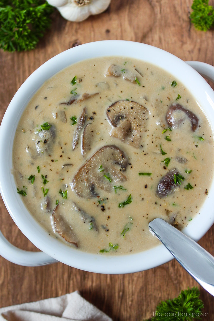Overhead view of vegan mushroom soup in a white bowl with spoon