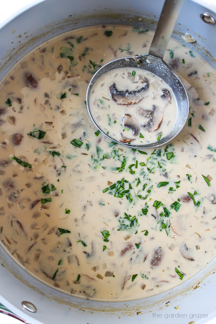 Ladle scooping out vegan creamy mushroom soup from a stockpot