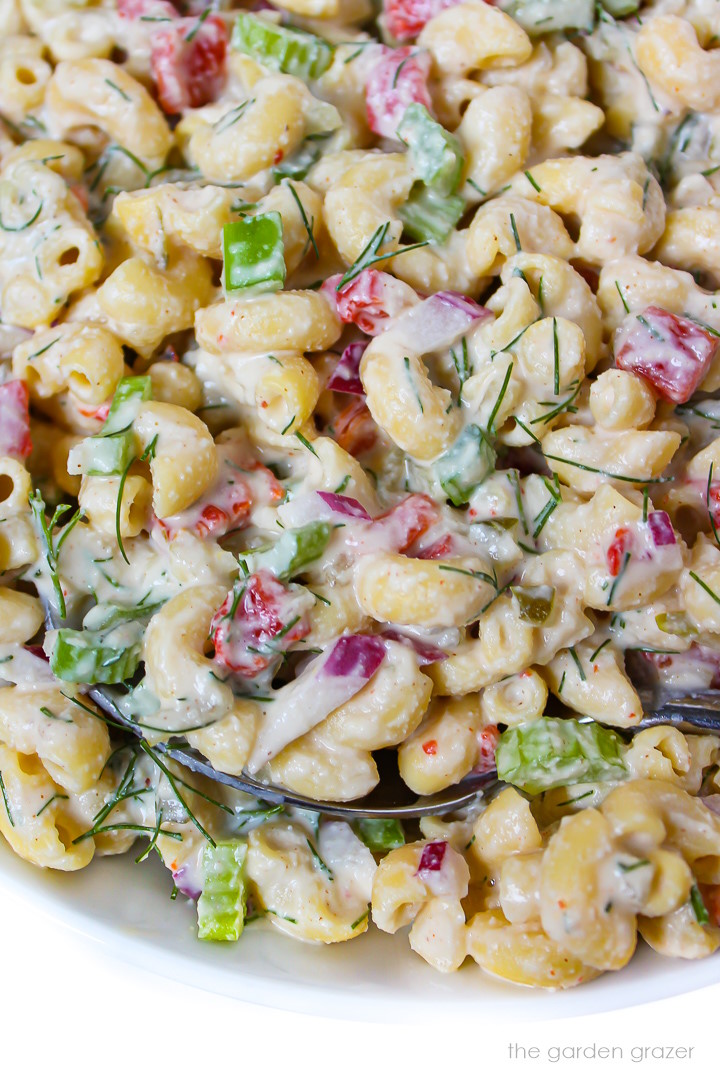 Close up view of creamy pasta with veggies, dill, and cashew sauce
