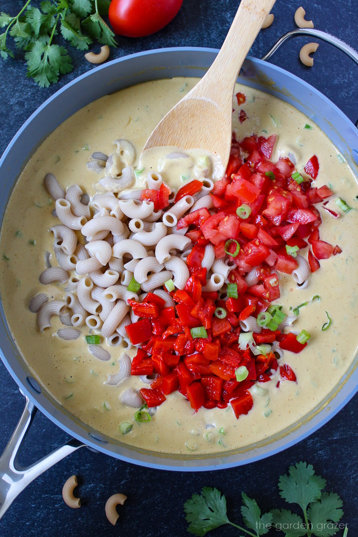 Overhead view of preparing ingredients in a large pan before mixing together