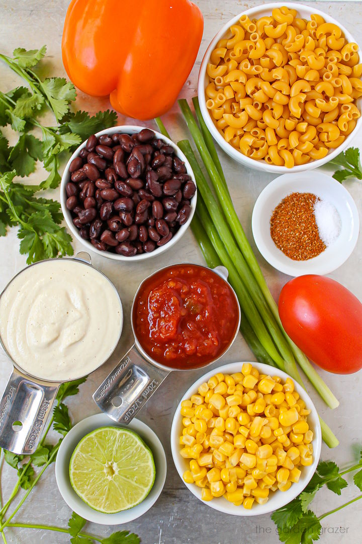 Black beans, pasta, bell pepper, corn, tomato, salsa, and spice ingredients laid out on a metal tray