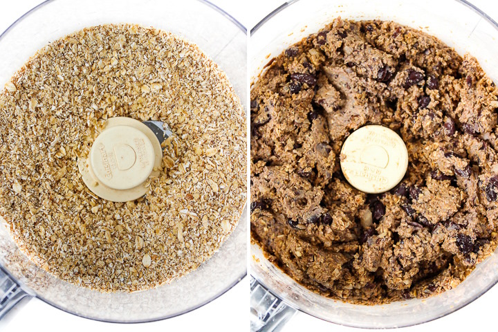 Overhead view of preparing walnut burger patty mixture in a food processor