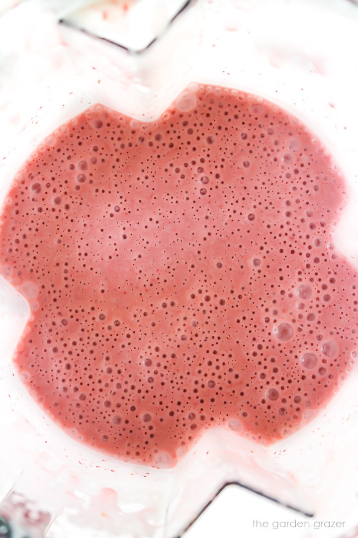 Overhead view of blended strawberry cream popsicle mixture in a blender