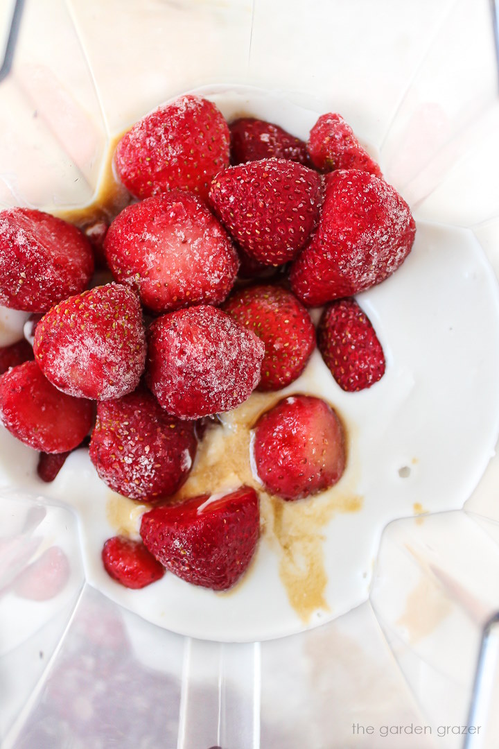 Overhead view of popsicle ingredients in a blender before blending