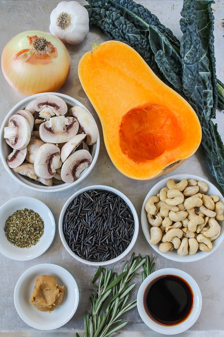 Ingredients laid out on a metal tray for butternut squash wild rice soup