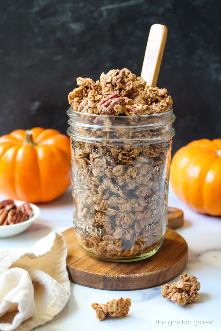 Vegan oil-free pumpkin spice granola in a glass mason jar with tiny pumpkins in the background