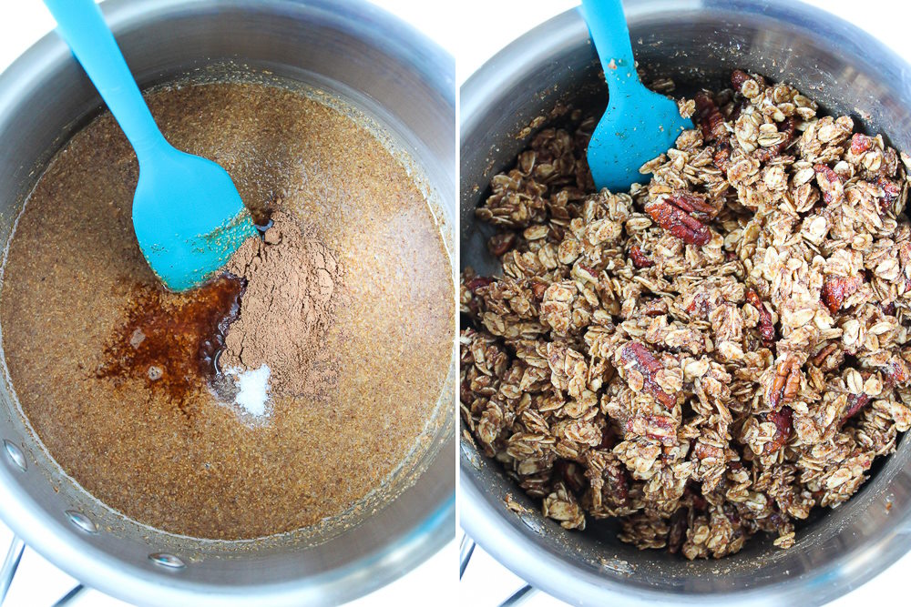 Steps showing preparation of combining granola in a saucepan before baking