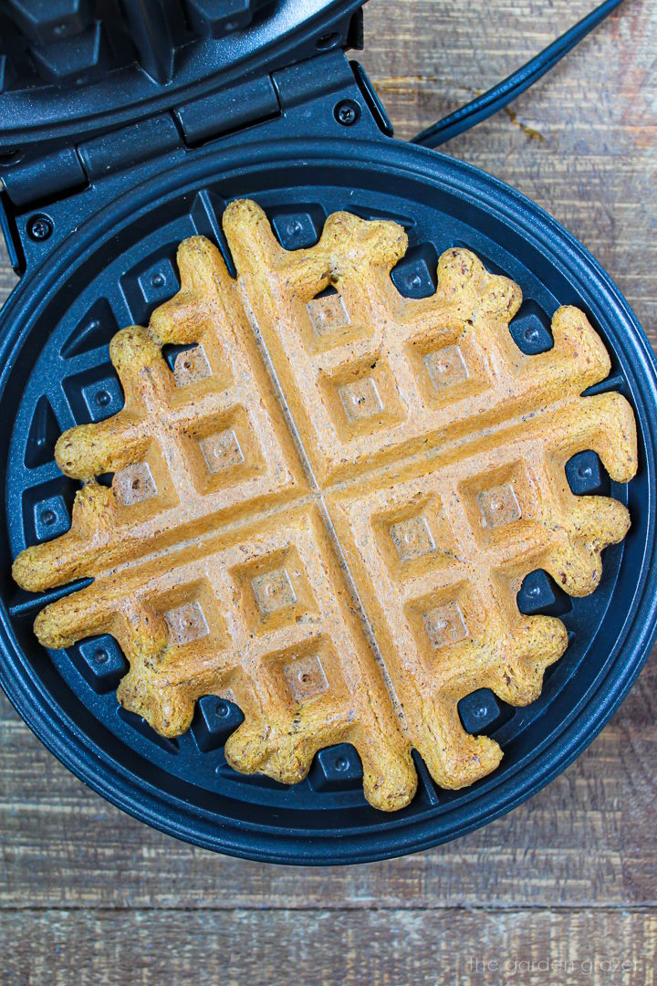 Overhead view of vegan pumpkin waffle cooking in a waffle iron